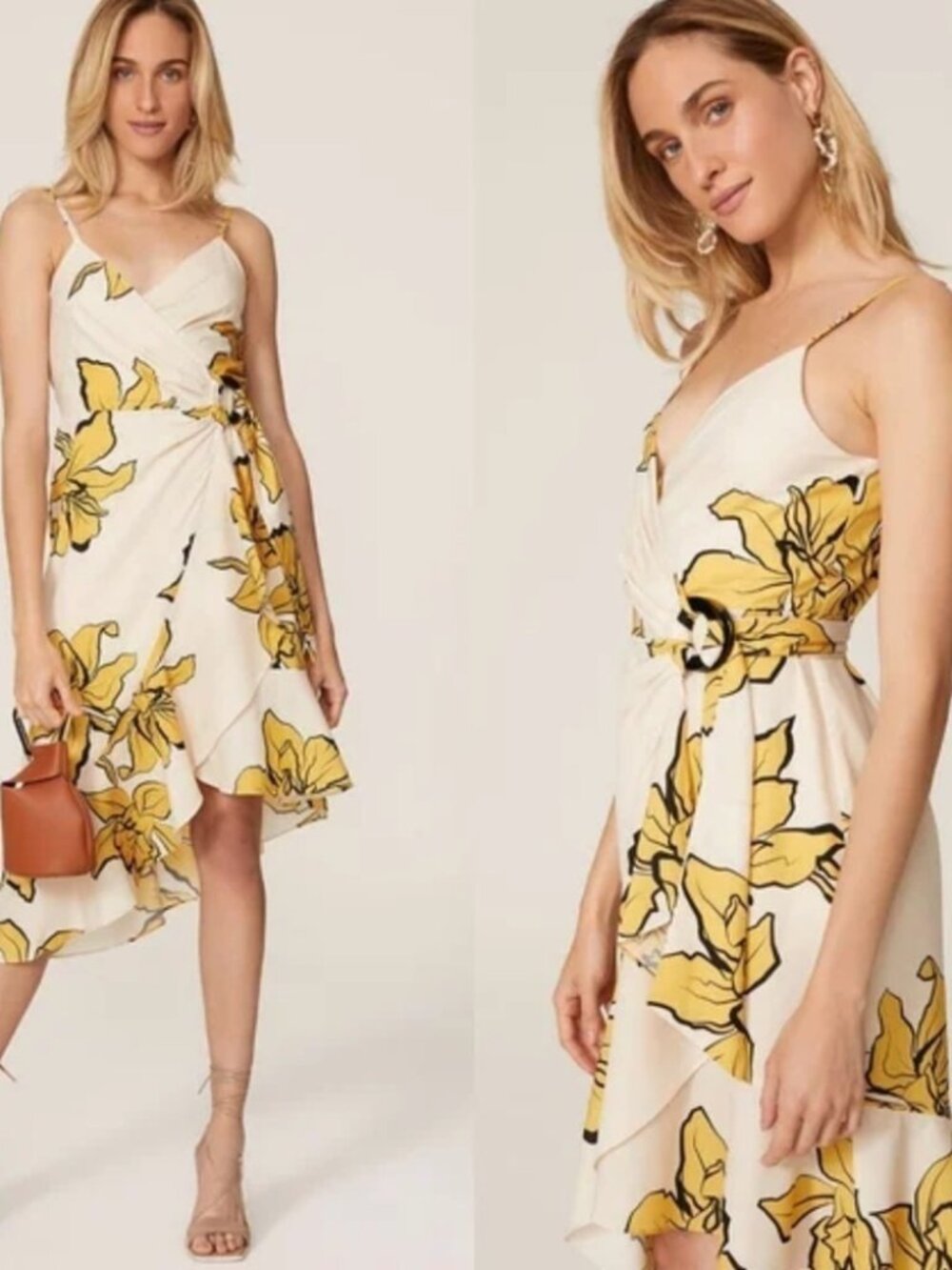 Hutch Mercer Dress Yellow Floral Print Sleeveless Wrap Asymmetric Ruffles Mini M